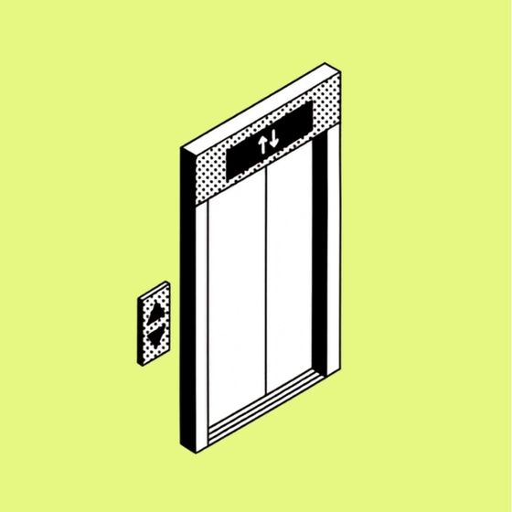 An open elevator against a yellow-green background